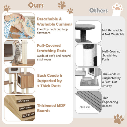 Modern Wooden Cat Tree with Perch Condos and Washable Cushions-Natural