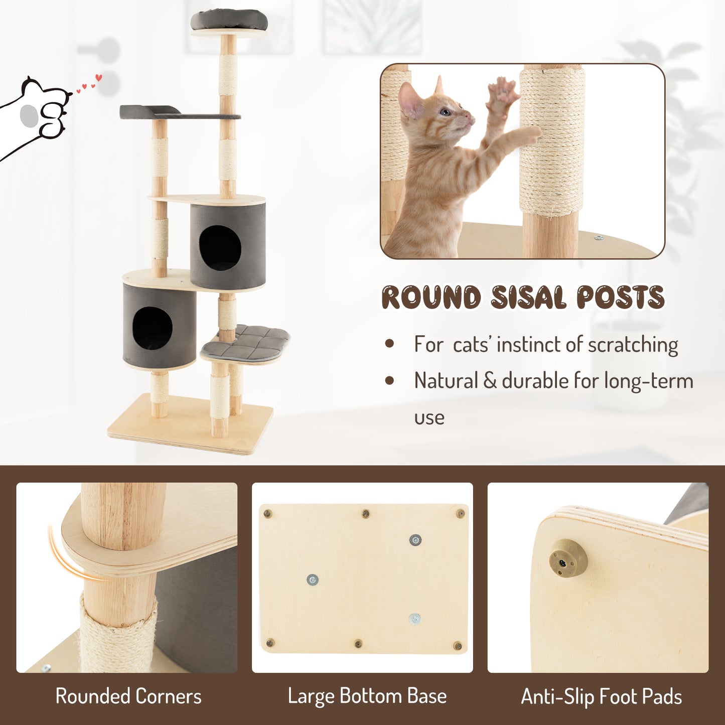 6-Tier Wooden Cat Tree with 2 Removeable Condos Platforms and Perch-Gray