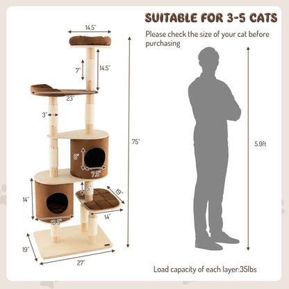 6-Tier Wooden Cat Tree with 2 Removeable Condos Platforms and Perch-Brown
