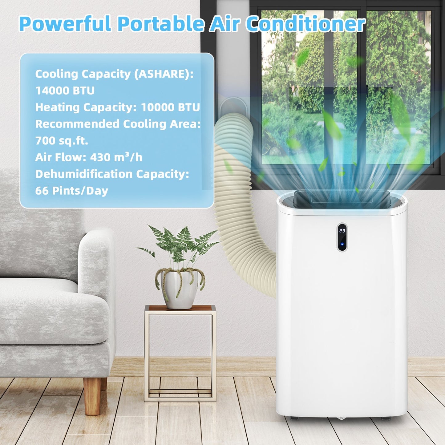 14000 BTU(Ashrae) Portable Air Conditioner with APP and WiFi Control-White