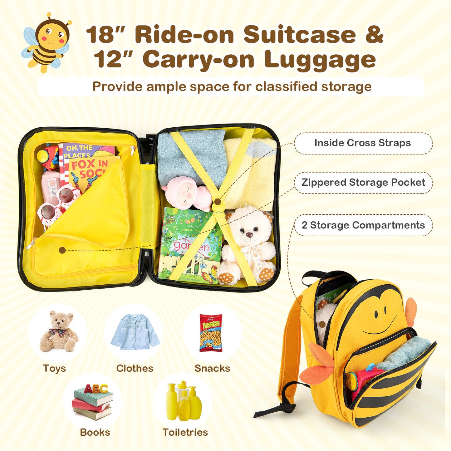 2 Pieces 18 Inch Ride-on Kids Luggage Set with Spinner Wheels and Bee Pattern-Yellow