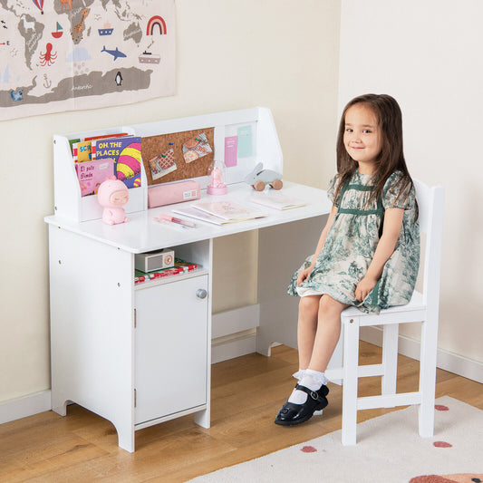 Wooden Kids Study Desk and Chair Set with Storage Cabinet and Bulletin Board-White