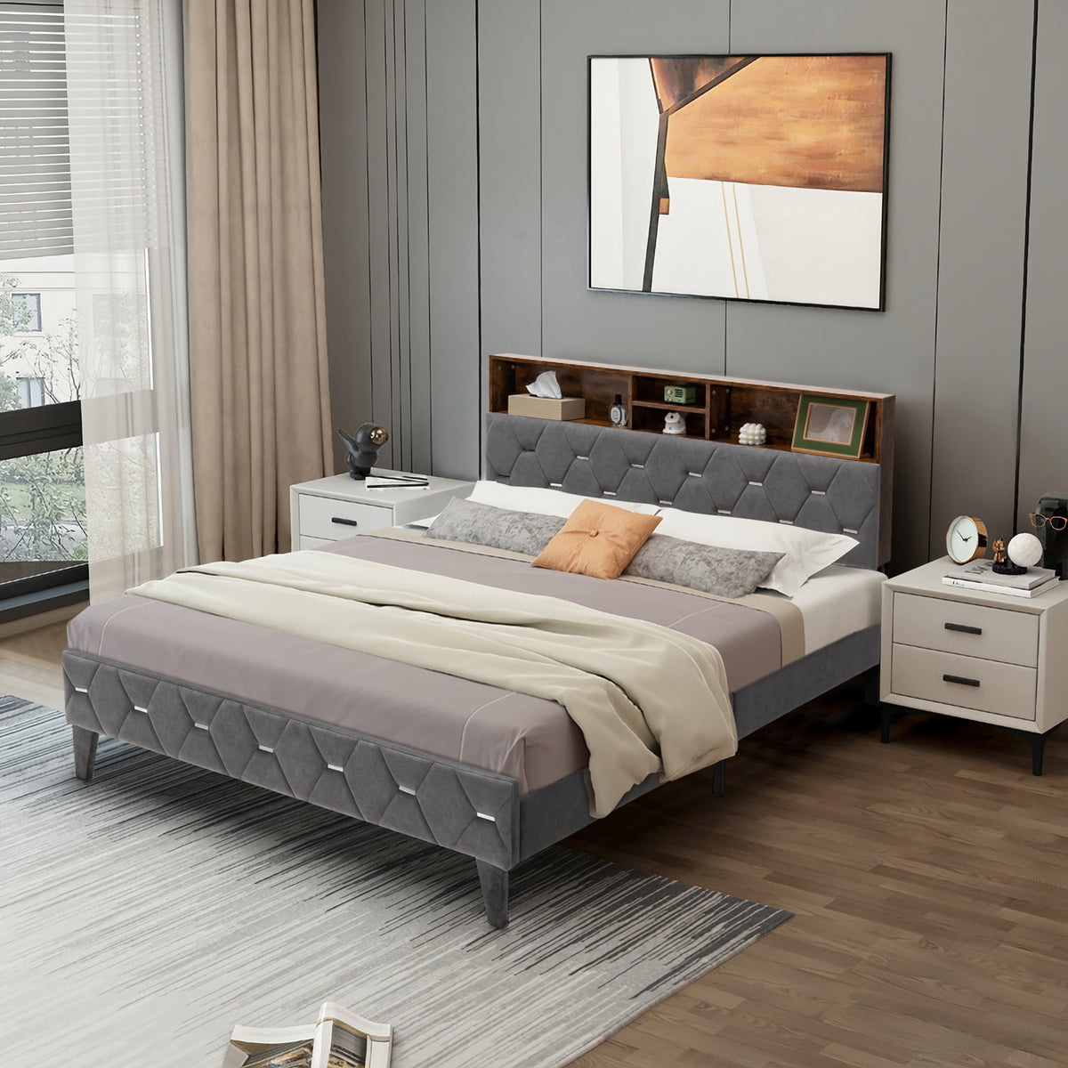 Full/Queen Size Upholstered Bed Frame with Storage Headboard-Full Size