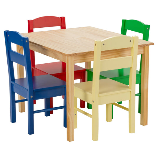 5 Pieces Kids Pine Wood Multicolor Table Chair Set-Multicolor