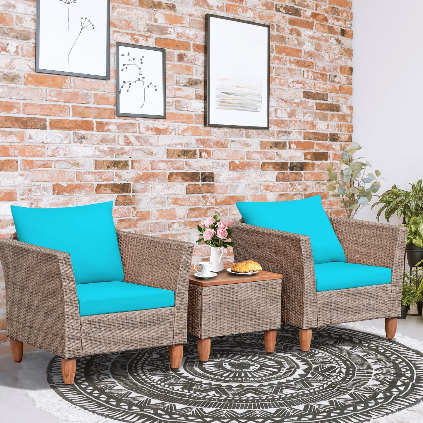 3 Pieces Patio Rattan Furniture Set with Washable Cushion for Yard Porch-Beige