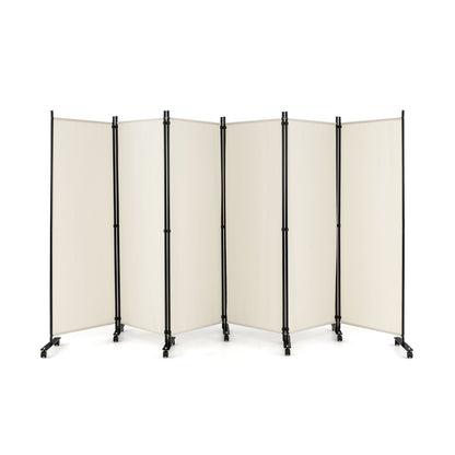 6 Panel 5.7 Feet Tall Rolling Room Divider on Wheels-White
