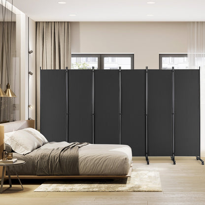 6 Panel 5.7 Feet Tall Rolling Room Divider on Wheels-Black