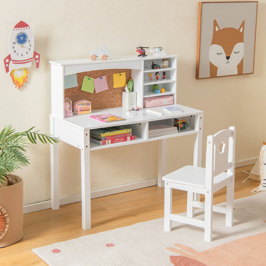 Kids Desk and Chair Set with Hutch and Bulletin Board for 3+ Kids-White