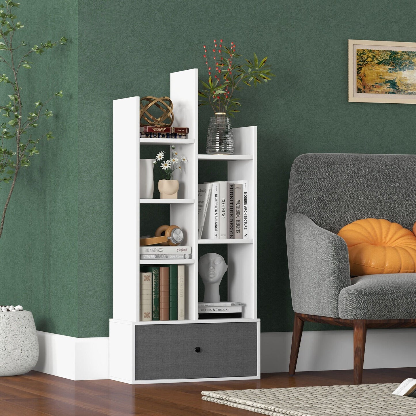 7-Tier Open-Back Bookshelf with Drawer-Rustic Brown