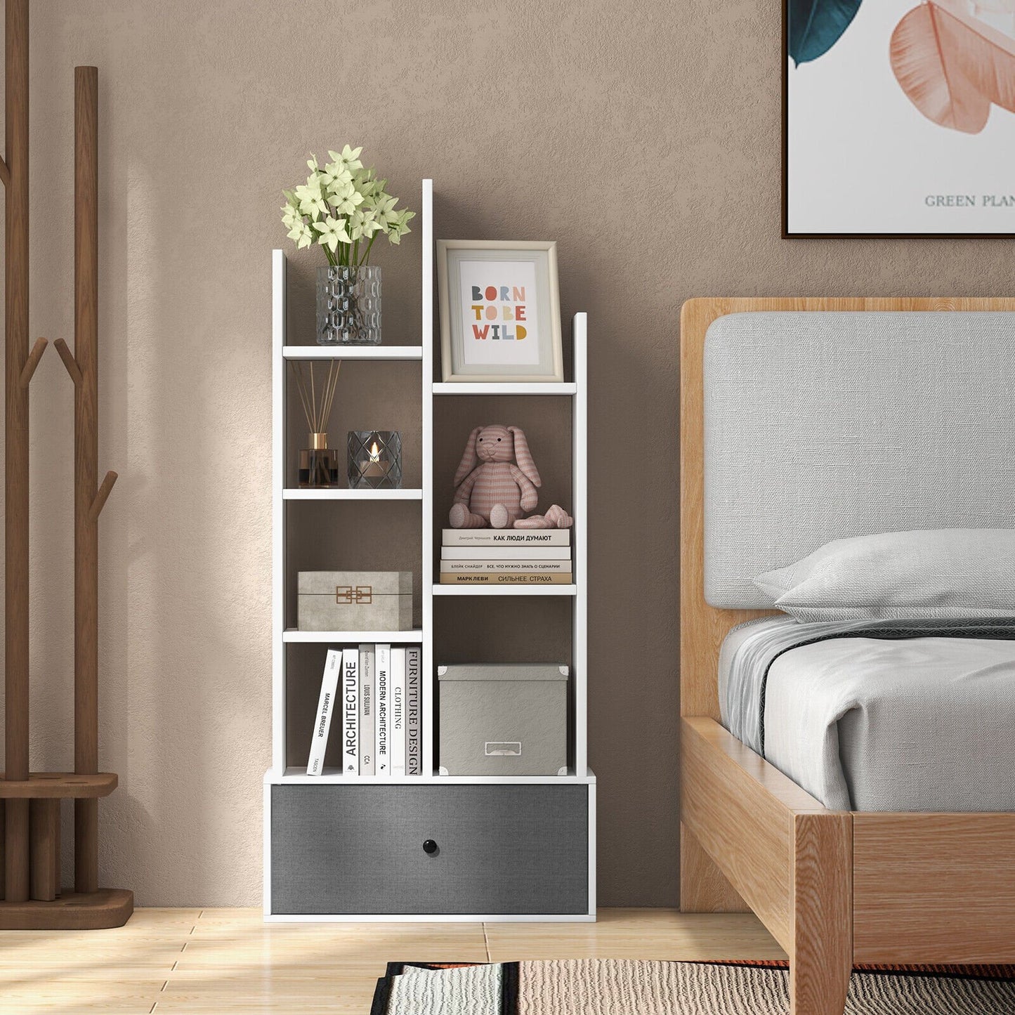 7-Tier Open-Back Bookshelf with Drawer-Rustic Brown
