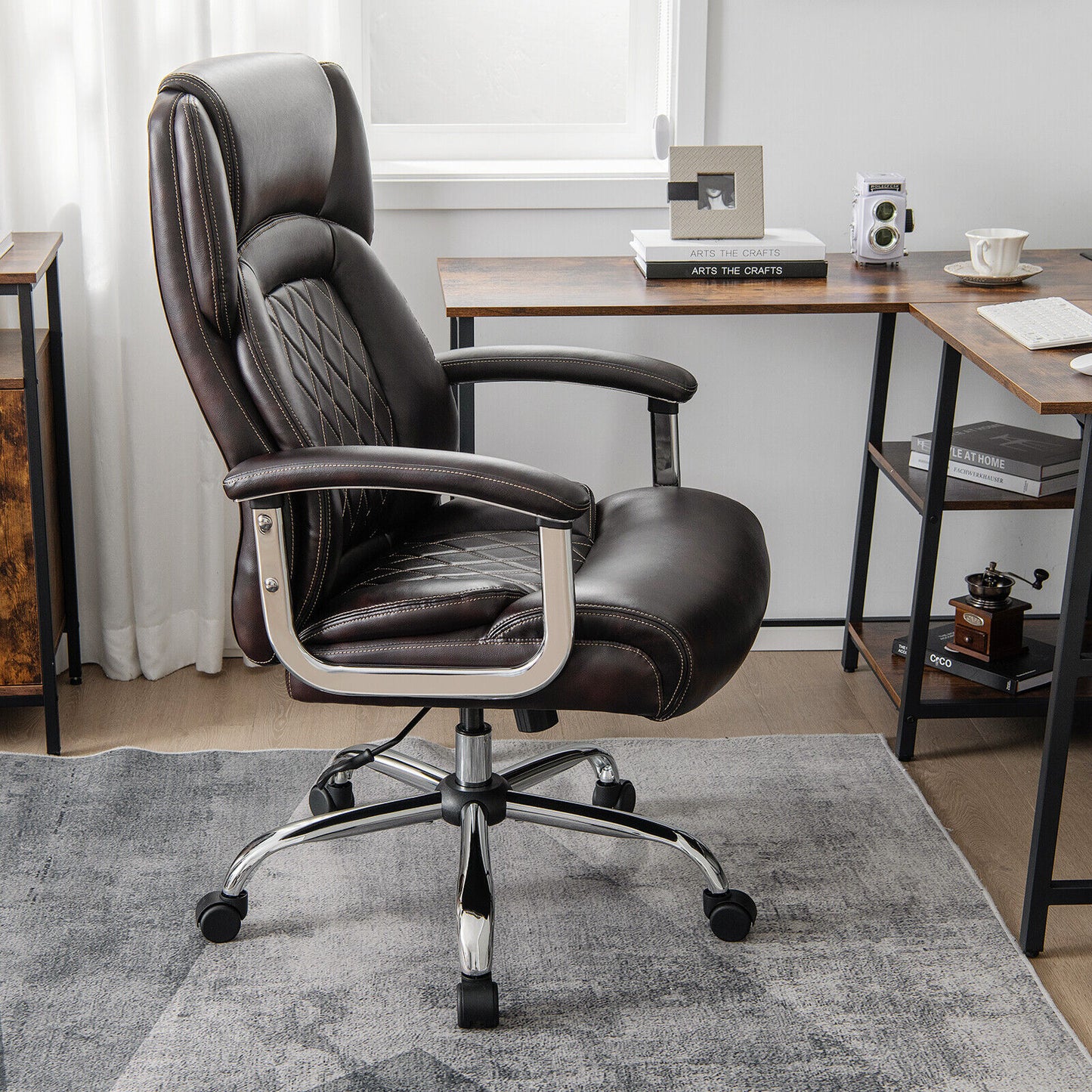 Height Adjustable Executive Chair Computer Desk Chair with Metal Base-Brown