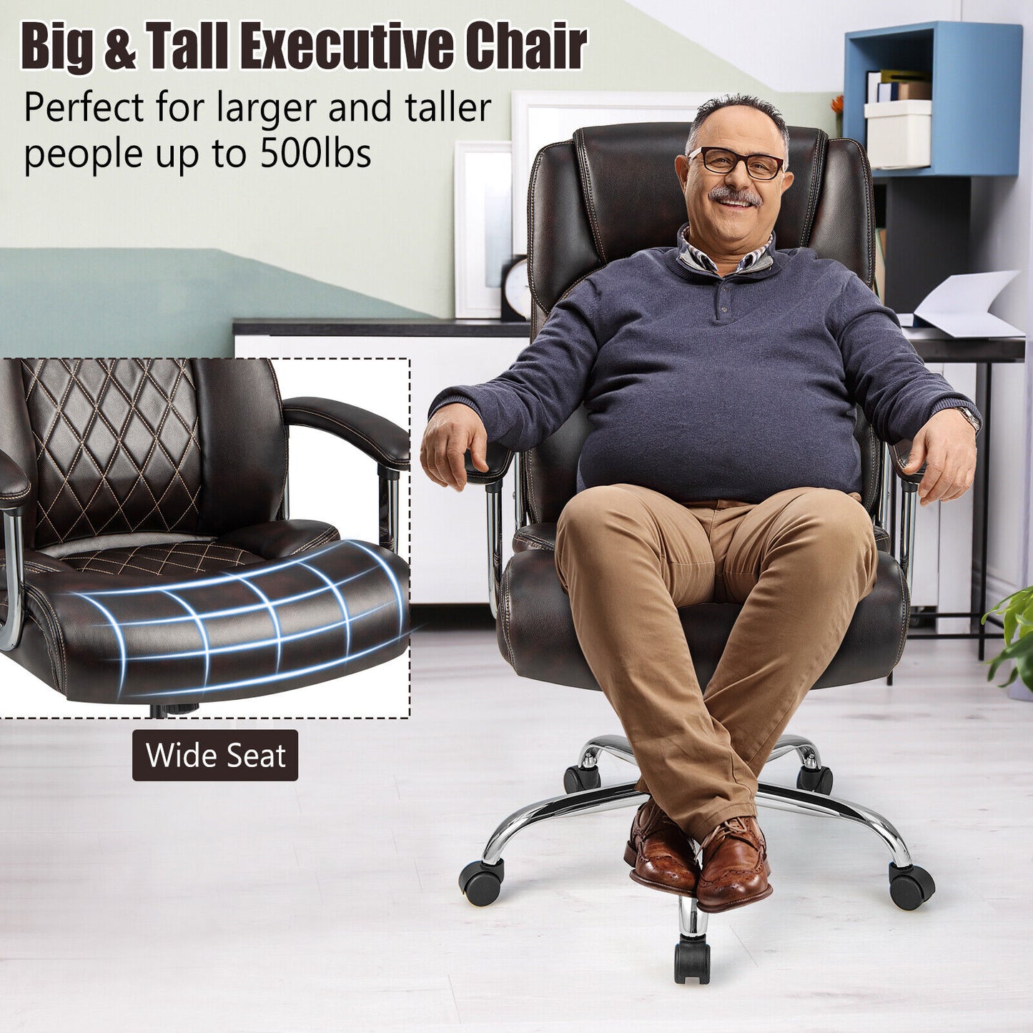 Height Adjustable Executive Chair Computer Desk Chair with Metal Base-Brown