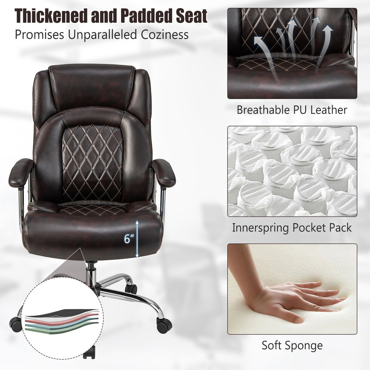 Height Adjustable Executive Chair Computer Desk Chair with Metal Base-Brown