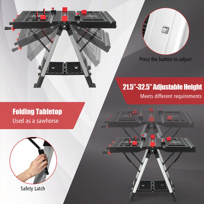 Portable Folding Workbench with Adjustable Height for Garage Home-Black & Red