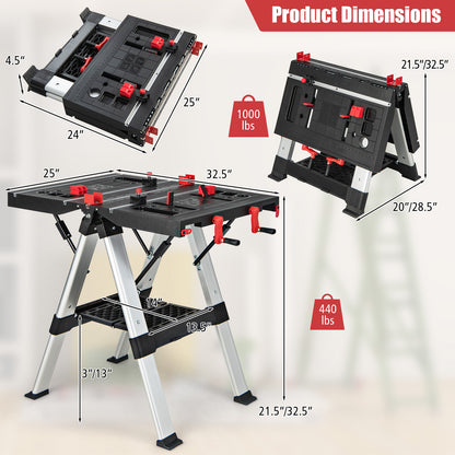 Portable Folding Workbench with Adjustable Height for Garage Home-Black & Red