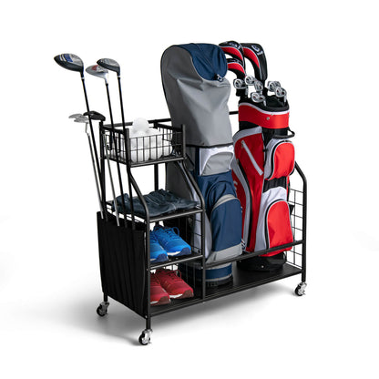 Double golf bag organizer with lockable universal wheels, fits sports golf bags for easy transport and storage.