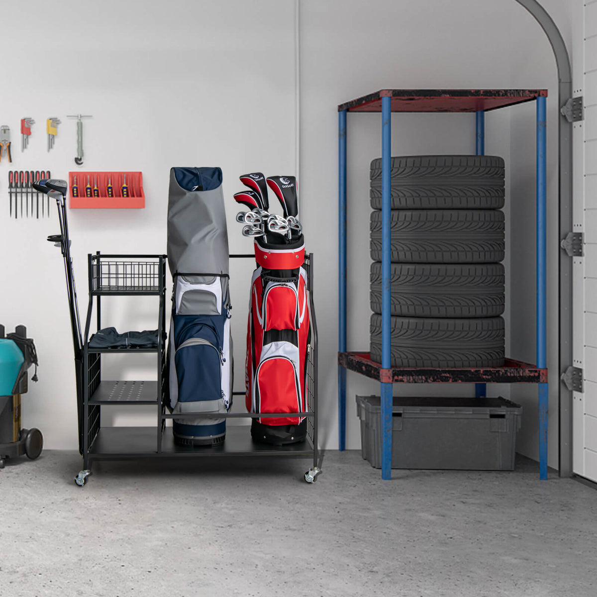 Wilson's Double Golf Bag Organizer with lockable universal wheels, designed for indoor golf equipment storage and easy mobility.