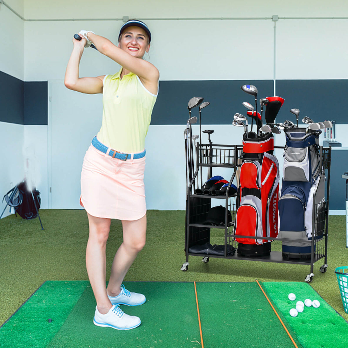 Wilson's Double Golf Bag Organizer with lockable wheels, designed to hold golf bags indoors and keep equipment organized.
