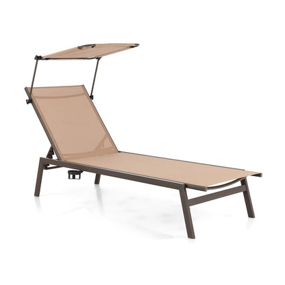 Outdoor Chaise Lounge Chair with Sunshade and 6 Adjustable Position-Brown