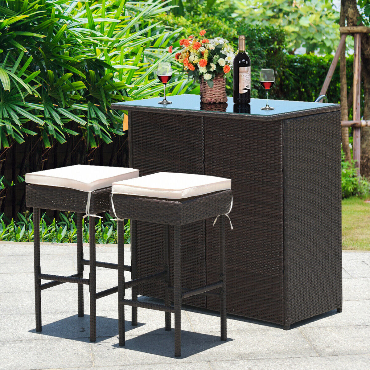 3 Pieces Patio Rattan Wicker Bar Table Stools Dining Set