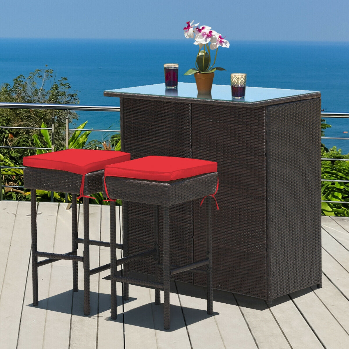 3 Pieces Patio Rattan Wicker Bar Table Stools Dining Set-Red