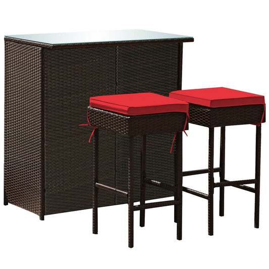 3 Pieces Patio Rattan Wicker Bar Table Stools Dining Set-Red