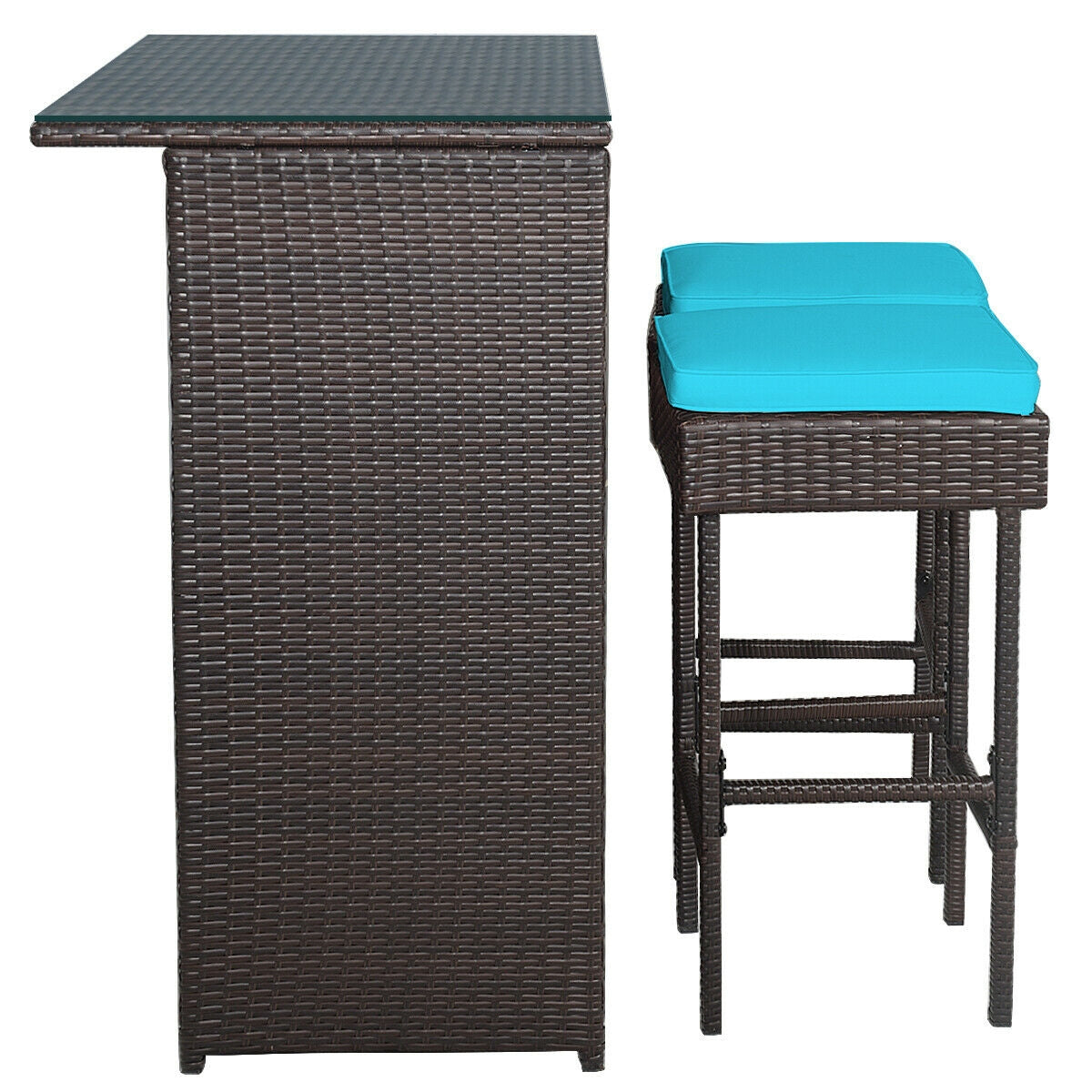 3 Pieces Patio Rattan Wicker Bar Table Stools Dining Set-Turquoise