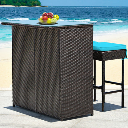 3 Pieces Patio Rattan Wicker Bar Table Stools Dining Set-Turquoise
