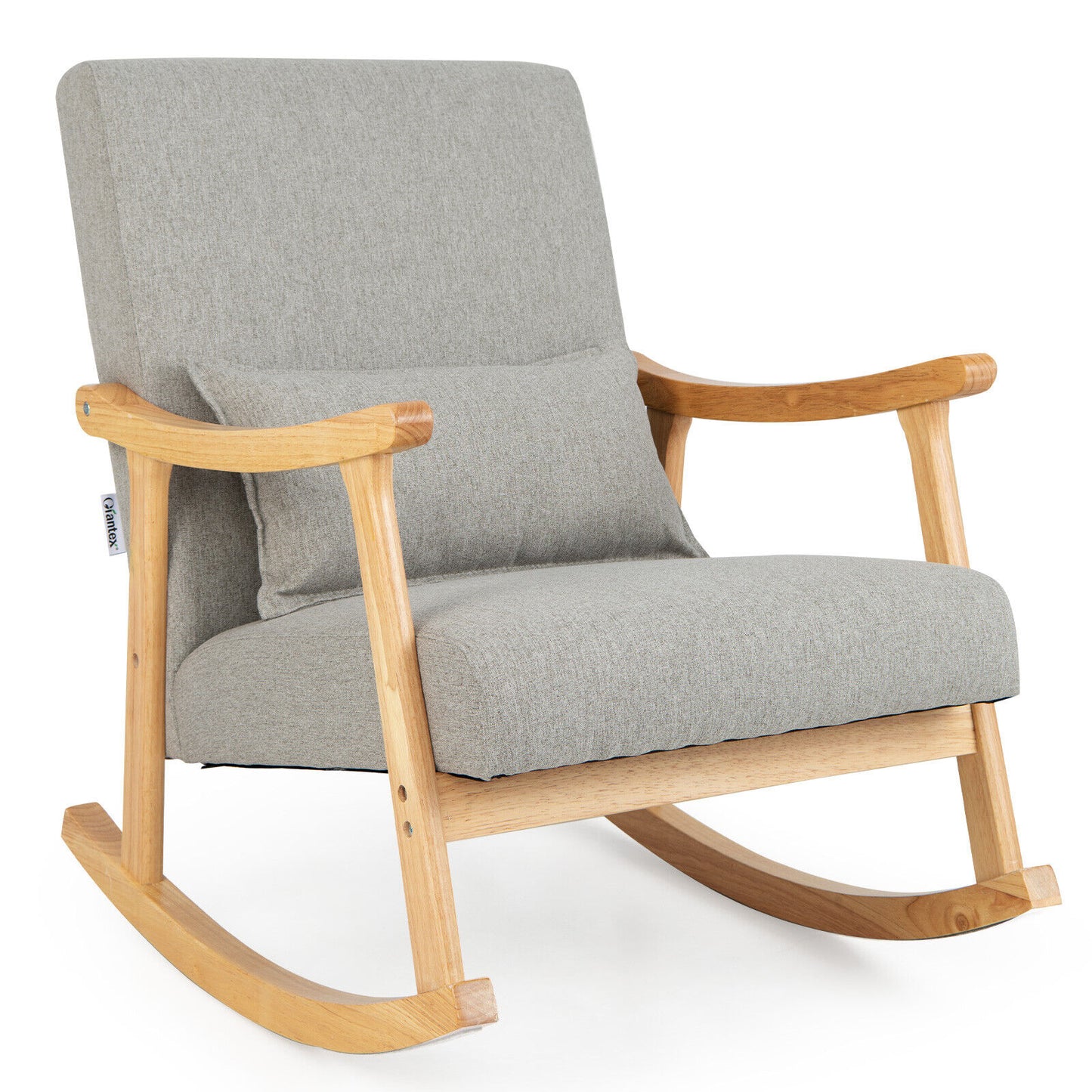 Upholstered Rocking Chair with Pillow and Rubber Wood Frame-Beige