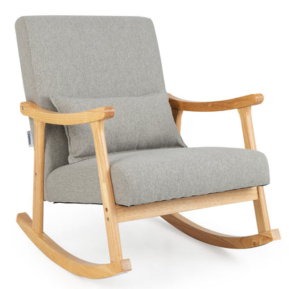 Upholstered Rocking Chair with Pillow and Rubber Wood Frame-Beige