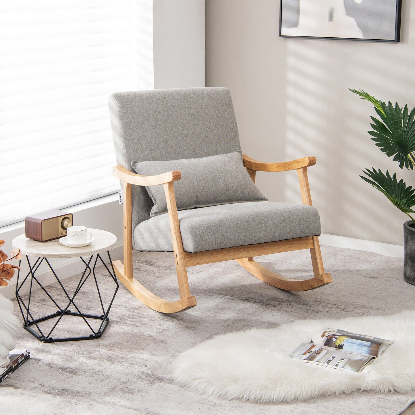 Upholstered Rocking Chair with Pillow and Rubber Wood Frame-Beige