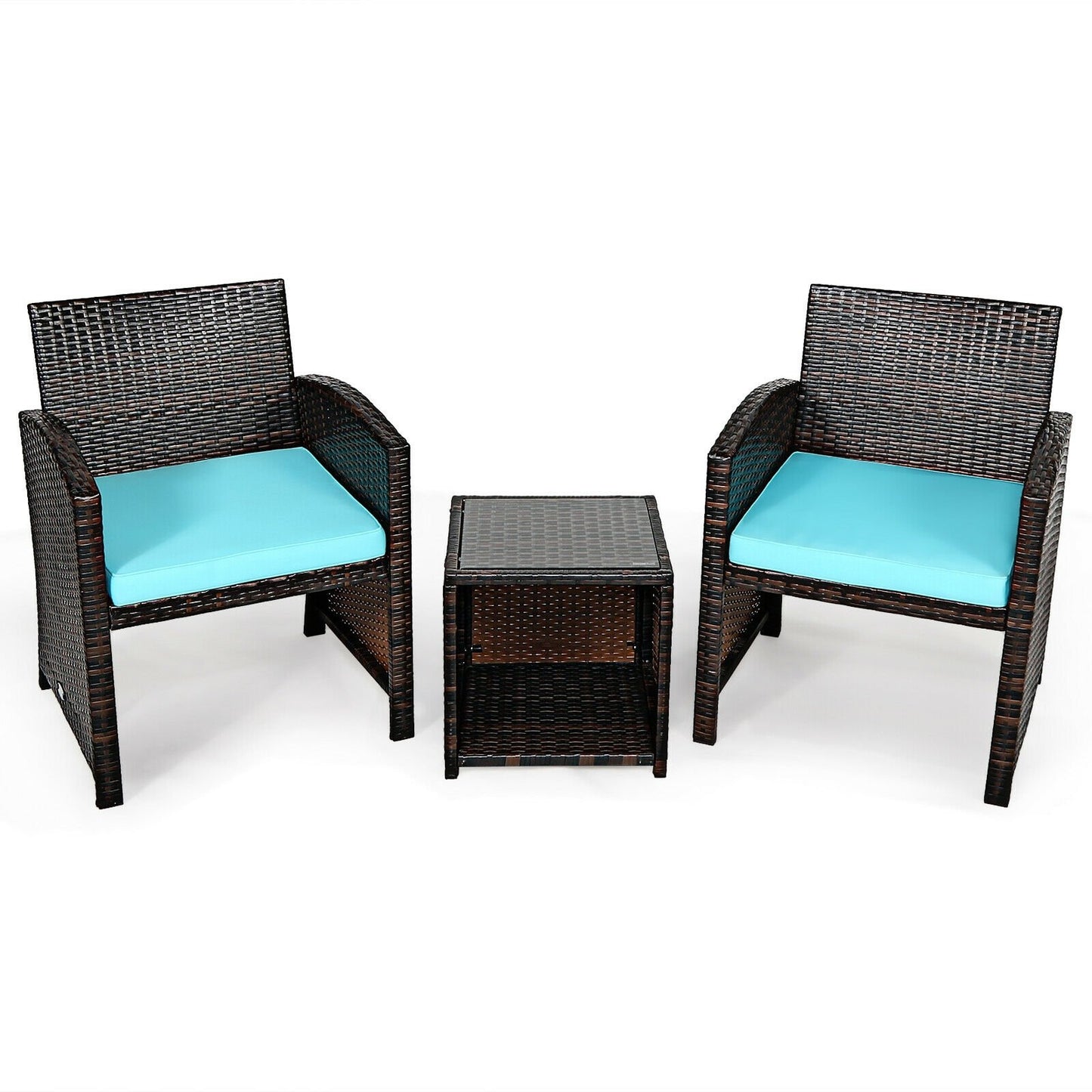 3 Pieces PE Rattan Wicker Furniture Set with Cushion Sofa Coffee Table for Garden-Gray