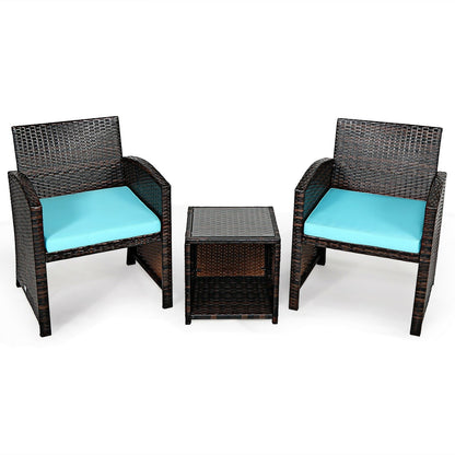 3 Pieces PE Rattan Wicker Furniture Set with Cushion Sofa Coffee Table for Garden-Gray