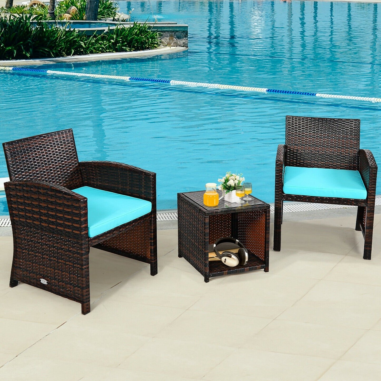 3 Pieces PE Rattan Wicker Furniture Set with Cushion Sofa Coffee Table for Garden-Gray