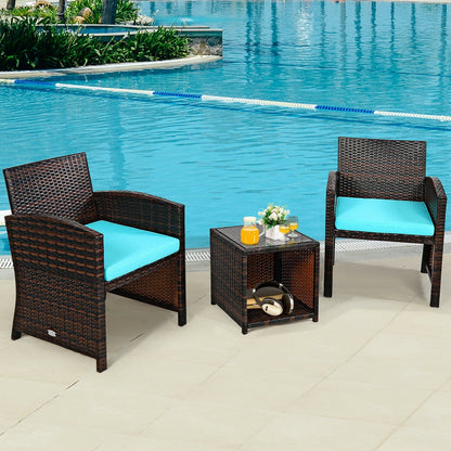 3 Pieces PE Rattan Wicker Furniture Set with Cushion Sofa Coffee Table for Garden-Gray
