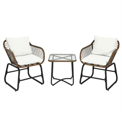 3 Pieces Patio Rattan Bistro Set with Cushions and Glass Table-Red
