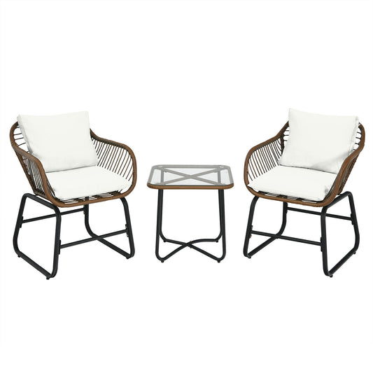 3 Pieces Patio Rattan Bistro Set with Cushions and Glass Table-White