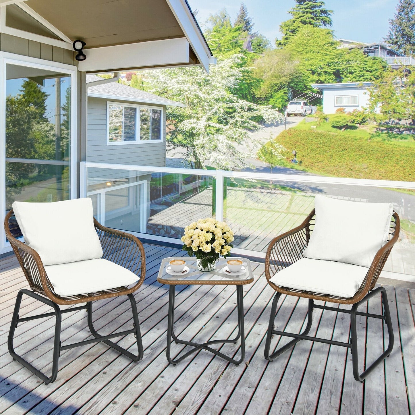 3 Pieces Patio Rattan Bistro Set with Cushions and Glass Table-Red