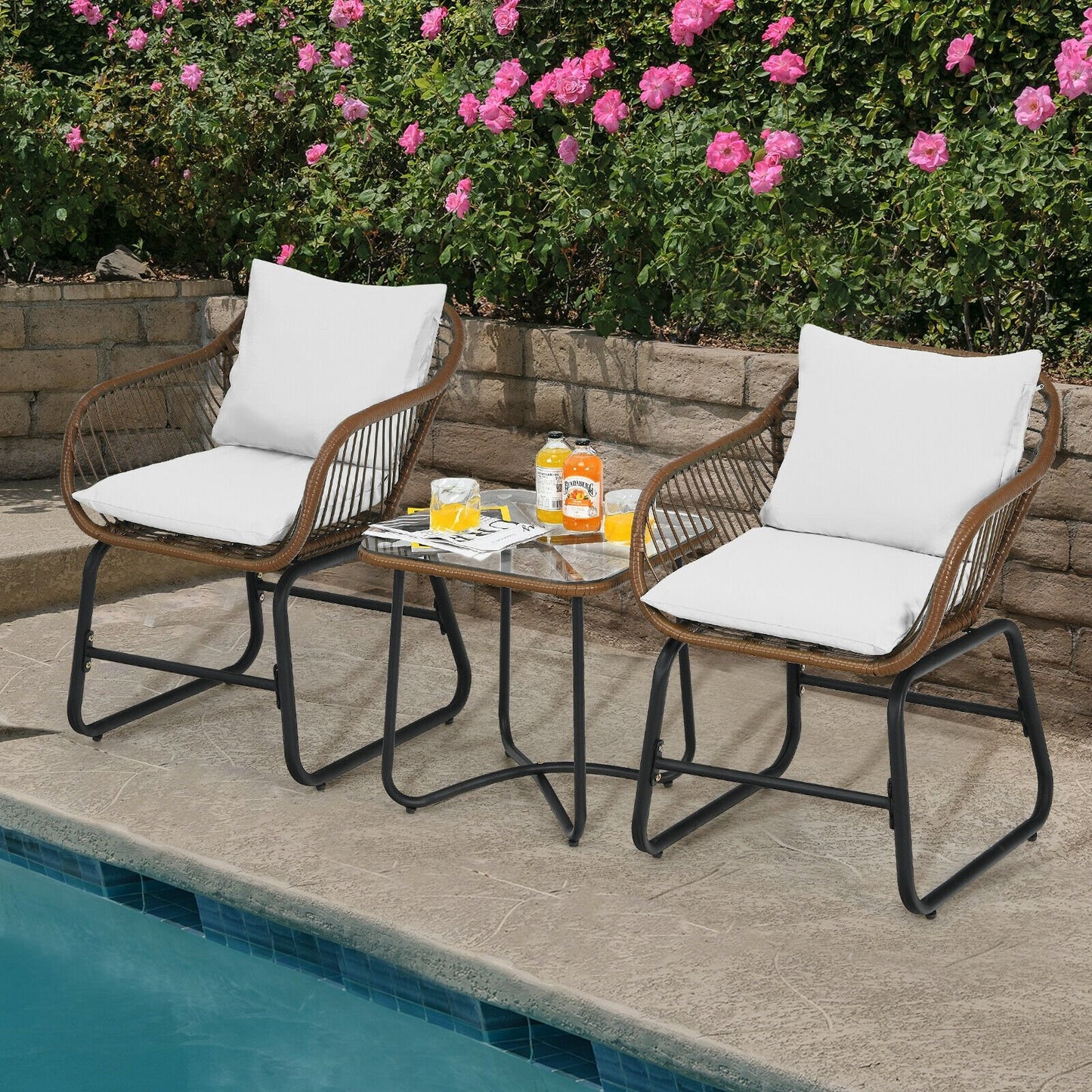 3 Pieces Patio Rattan Bistro Set with Cushions and Glass Table-Red