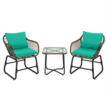 3 Pieces Patio Rattan Bistro Set with Cushions and Glass Table-Red