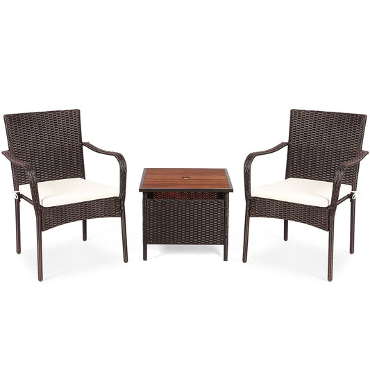 3 Pieces Patio Rattan Furniture Bistro Set with Wood Side Table and Stackable Chair