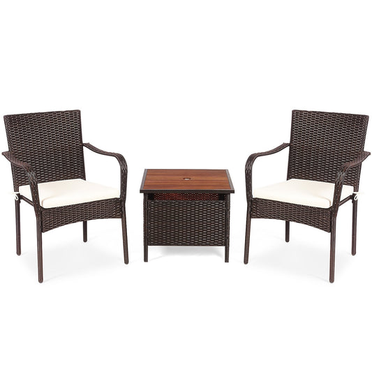 3 Pieces Patio Rattan Furniture Bistro Set with Wood Side Table and Stackable Chair