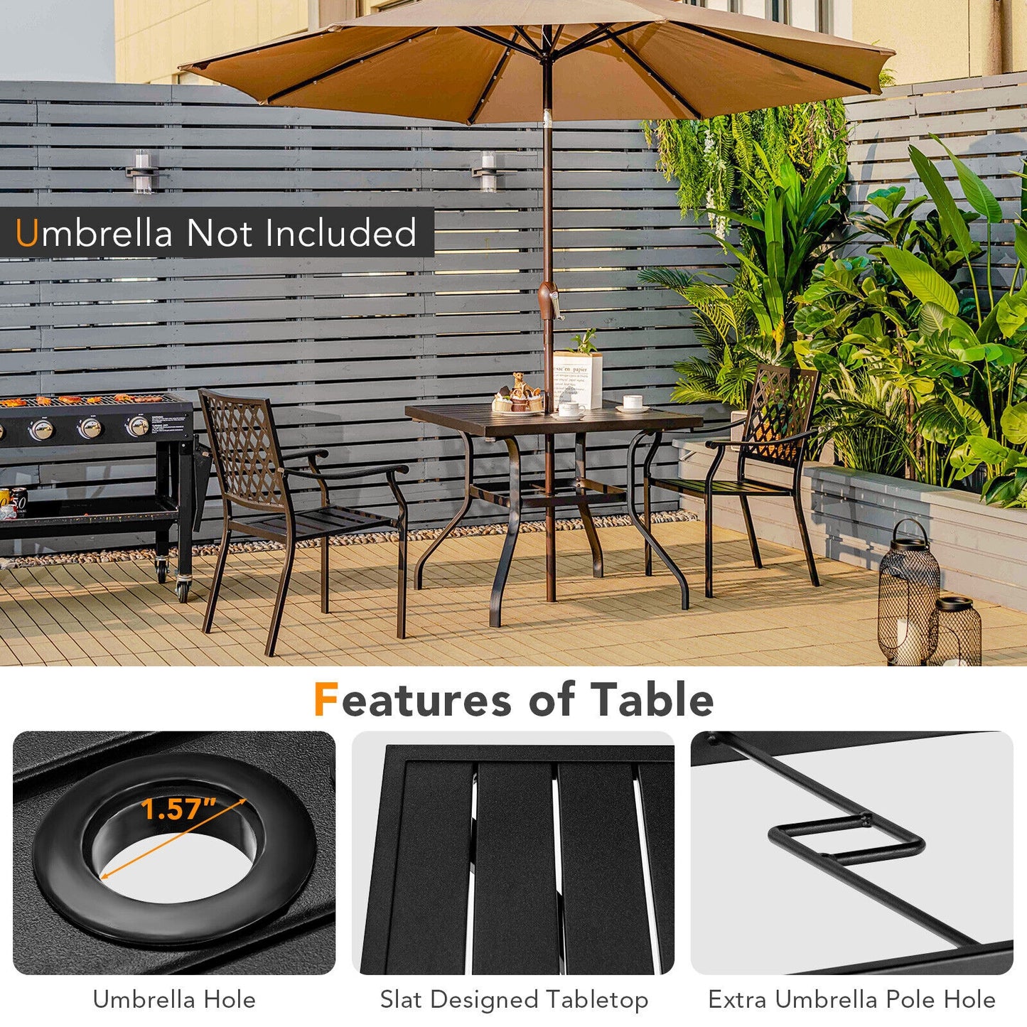 3 Pieces Patio Dining Set Stackable Chairs Armrest Table with Umbrella Hole