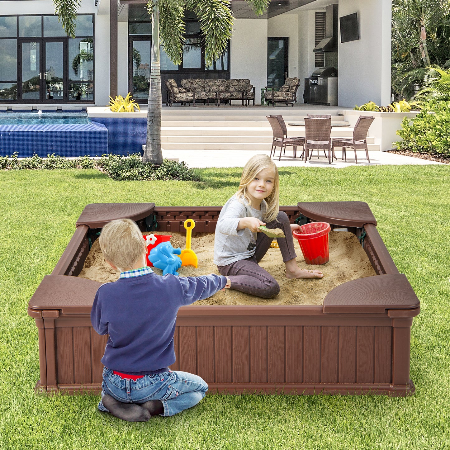 Kids Outdoor Sandbox with Oxford Cover and 4 Corner Seats-Brown