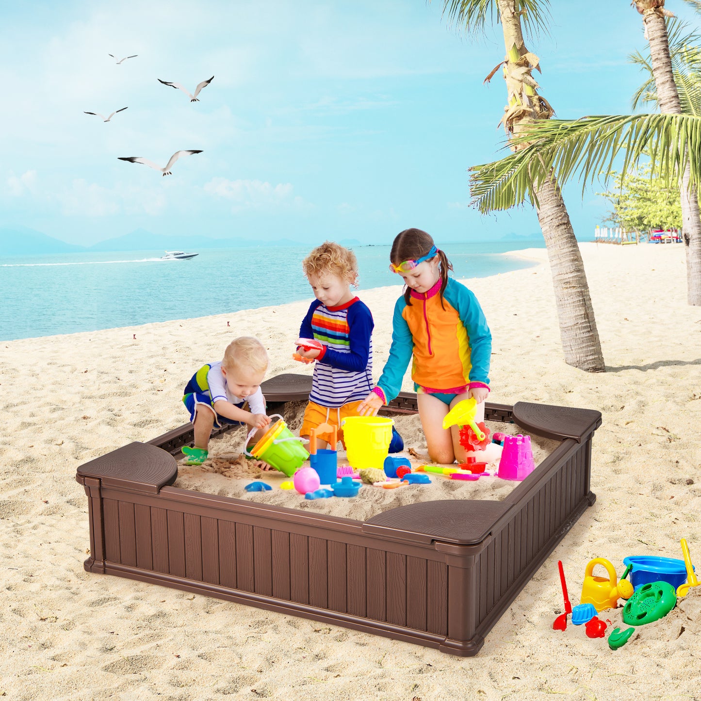 Kids Outdoor Sandbox with Oxford Cover and 4 Corner Seats-Brown