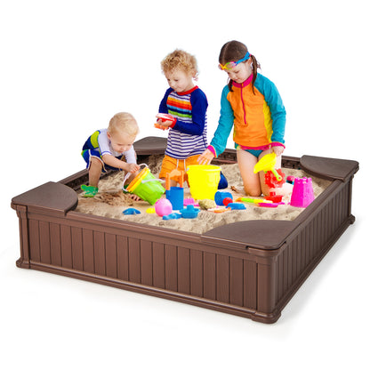 Kids Outdoor Sandbox with Oxford Cover and 4 Corner Seats-Brown