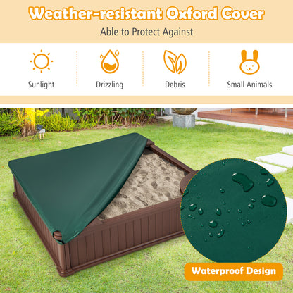 Kids Outdoor Sandbox with Oxford Cover and 4 Corner Seats-Brown