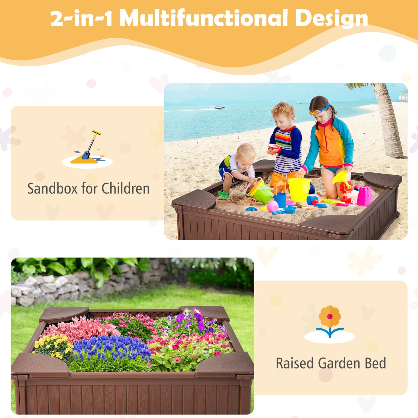 Kids Outdoor Sandbox with Oxford Cover and 4 Corner Seats-Brown