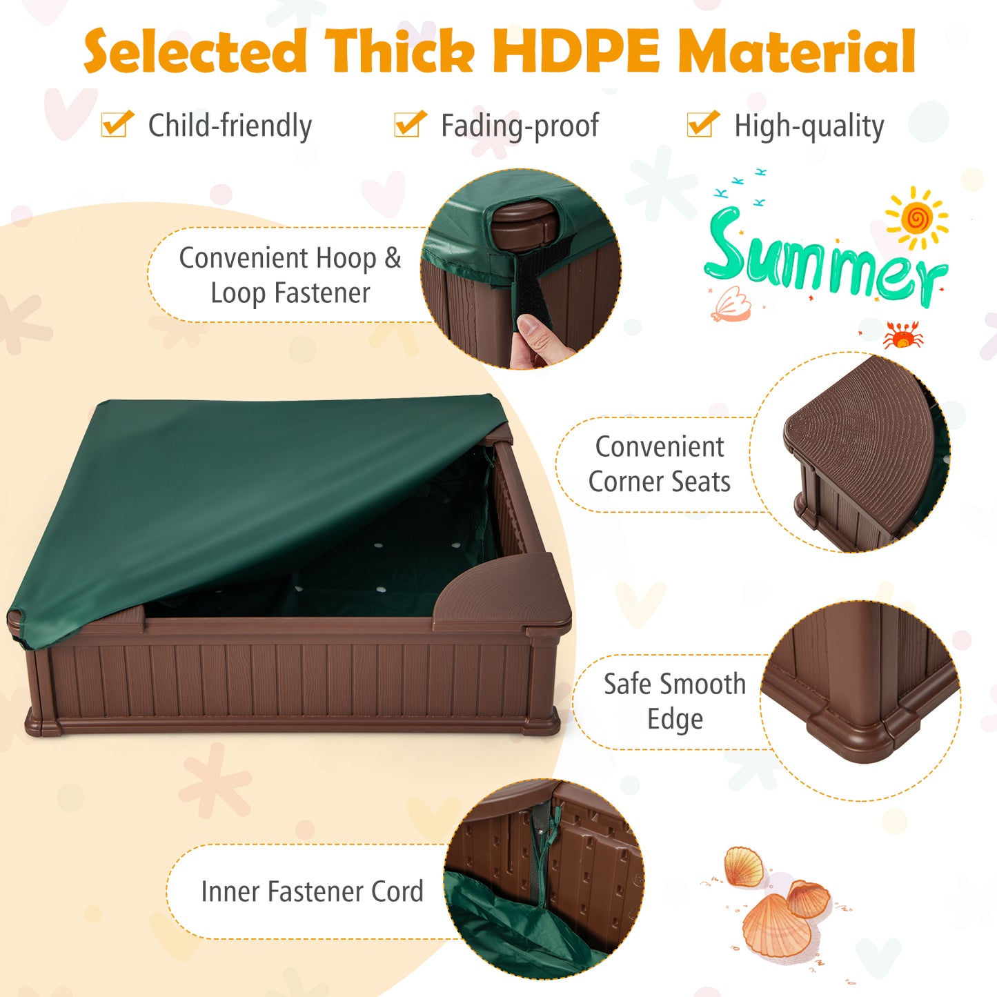 Kids Outdoor Sandbox with Oxford Cover and 4 Corner Seats-Brown