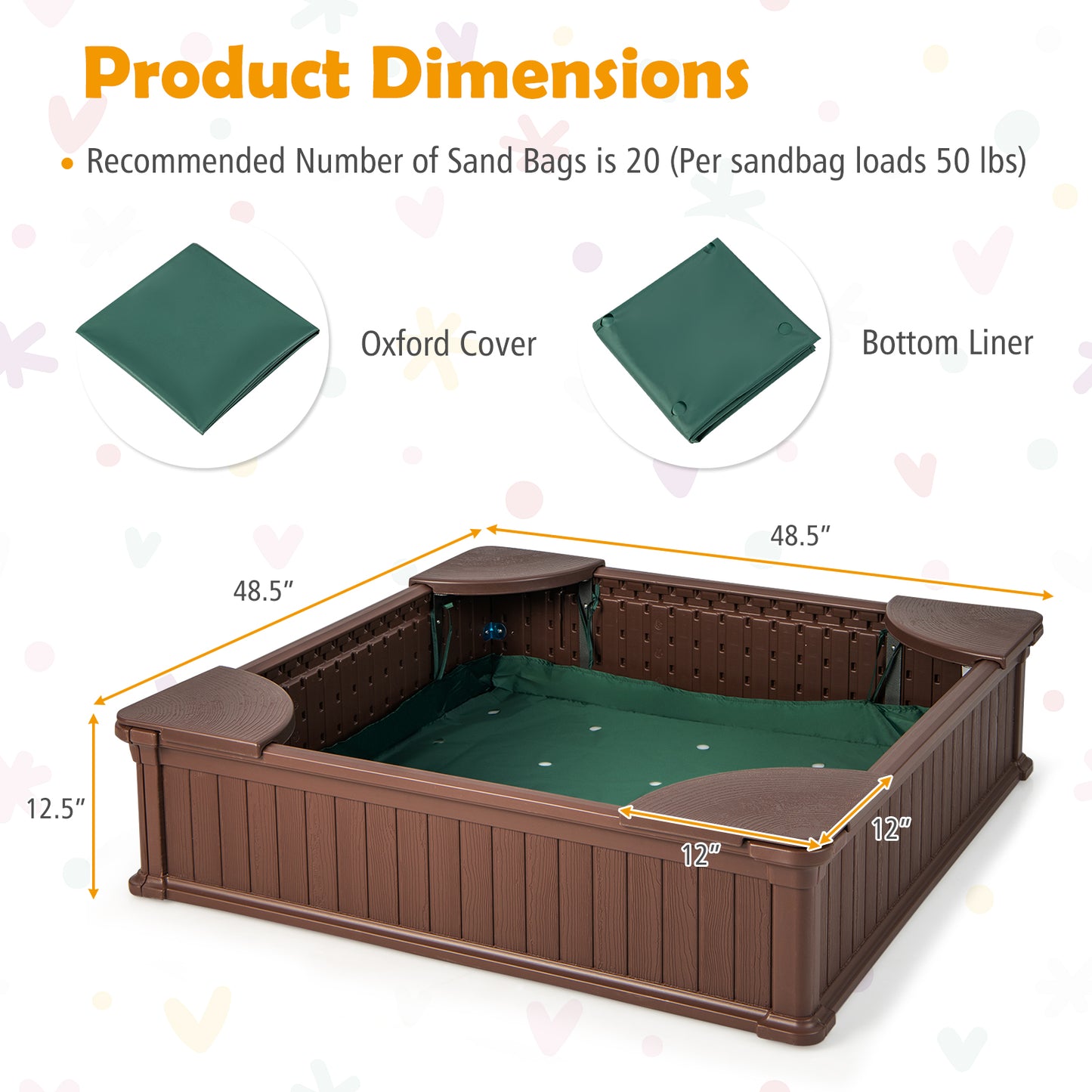 Kids Outdoor Sandbox with Oxford Cover and 4 Corner Seats-Brown